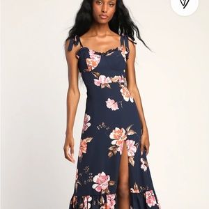 Floral Navy Blue Print Tie-Strap Slit Maxi Dress size XS